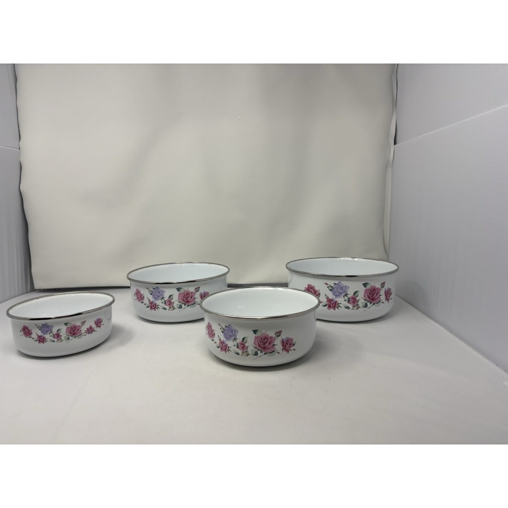 Set Of Four Vintage Enamelware Nesting Bowls White Metal Pink Floral Design